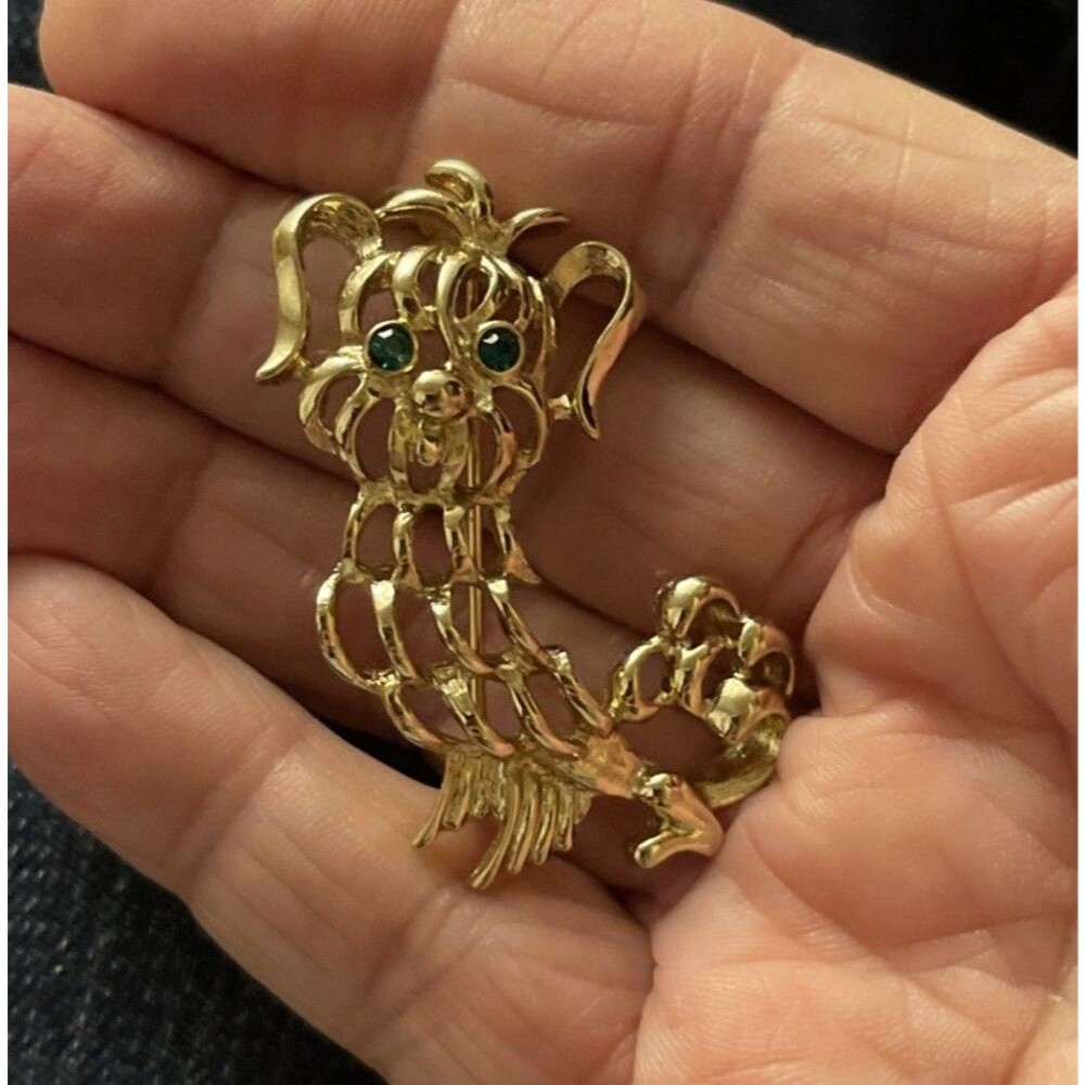 Avon Puppy Dog Brooch Filigree With Green Eye Rhinestones 2” Length Excellent